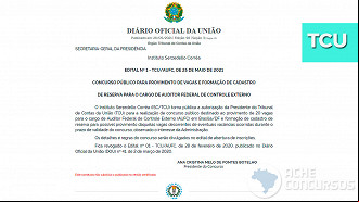 Presidente do TCU autoriza 20 vagas para o cargo de Auditor de Controle Externo