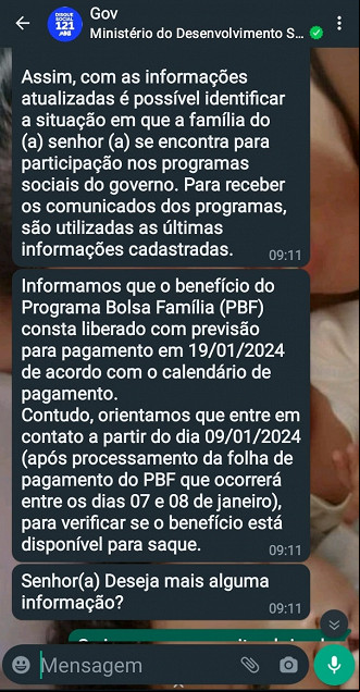 Whatsapp do Bolsa Família mostra situação do benefício em janeiro. Whatsapp do Bolsa Família mostra situação do benefício em janeiro.